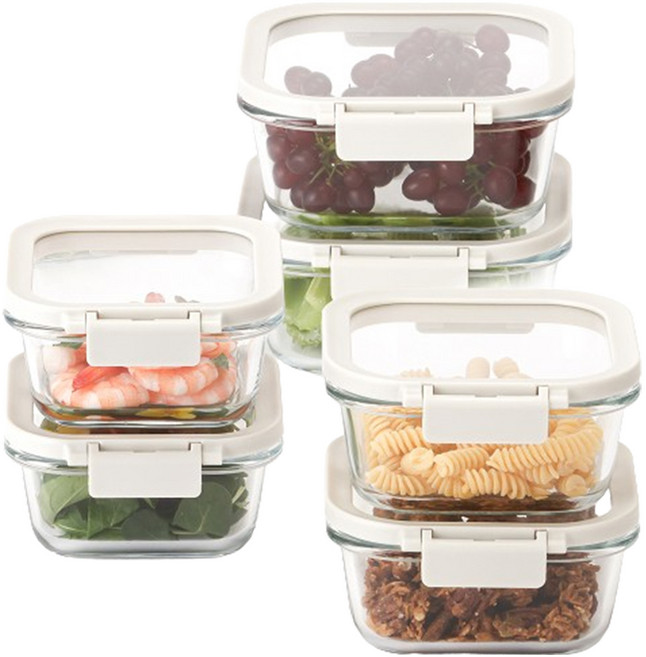 네오플램 코모도 내열유리 정사각 정사각 밀폐용기 세트, 1세트, 320ml x 2p + 520ml x 2p x 800ml x 2p