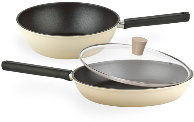 퀸센스 샌드 프라이팬 세트 3개, 베이지, 후라이팬 28cm + 궁중팬 24cm + 유리뚜껑, 1세트