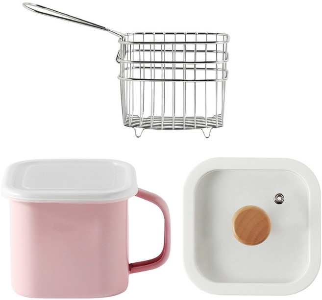 모다키친 인덕션 법랑냄비 1.45L + 유리뚜껑 + 튀김망 세트, 13.5cm, 핑크, 1세트