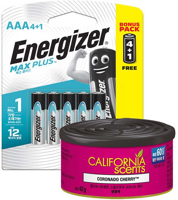 에너자이저 맥스플러스 AAA 건전지 4 + 1 + 캘리포니아센트 코로나도체리 방향제 세트, 1세트, 1세트