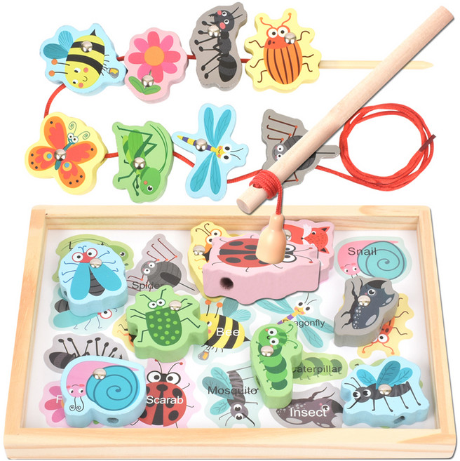 목제 블럭 실꿰기 자석 낚시놀이 교구, 곤충, 1개