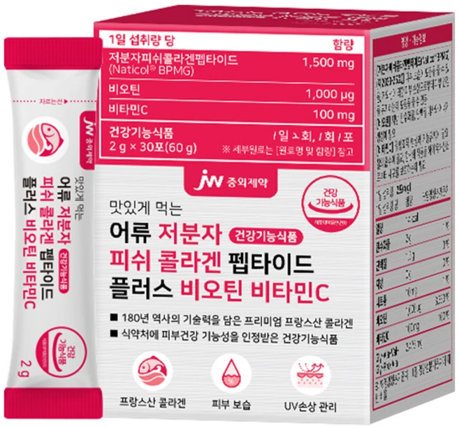 JW중외제약 맛있게 먹는 어류 어린 피쉬 콜라겐 펩타이드 플러스 비타민C 30p, 60g, 1개 - 쿠팡