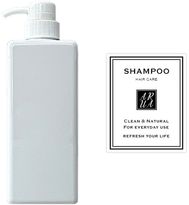 아루아 욕실 주방 사각 디스펜서 일반펌프 650ml + 샴푸 스티커 세트, 화이트, 1세트