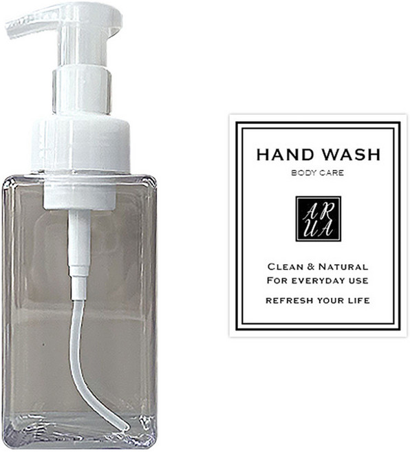 아루아 욕실 주방 사각 디스펜서 거품펌프 450ml + 핸드워시 스티커 세트, 투명, 1세트