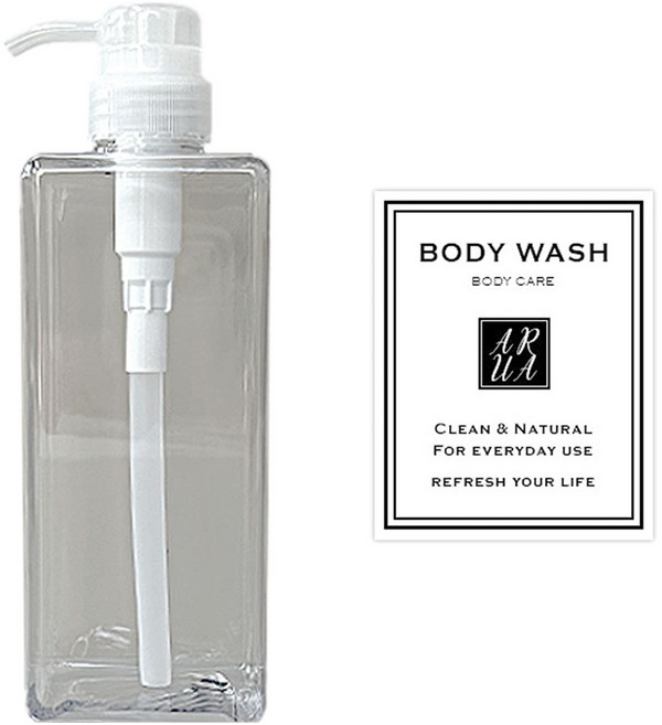 아루아 욕실 주방 사각 디스펜서 일반펌프 650ml + 바디워시 스티커 세트, 투명(일반펌프), 1세트