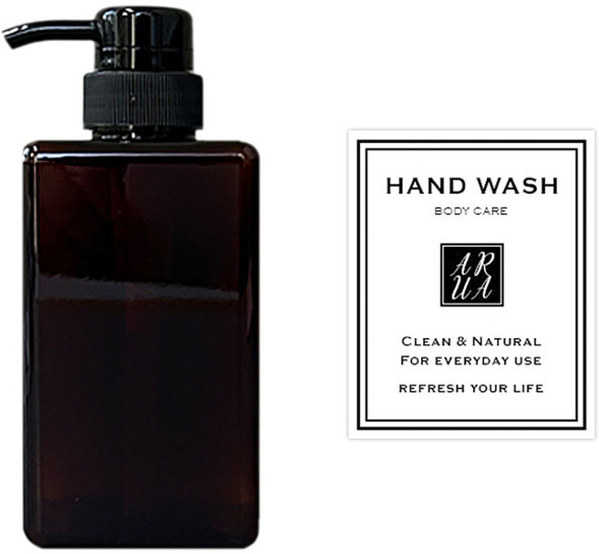 아루아 욕실 주방 사각 디스펜서 일반펌프 450ml + 핸드워시 스티커 세트, 브라운, 1세트