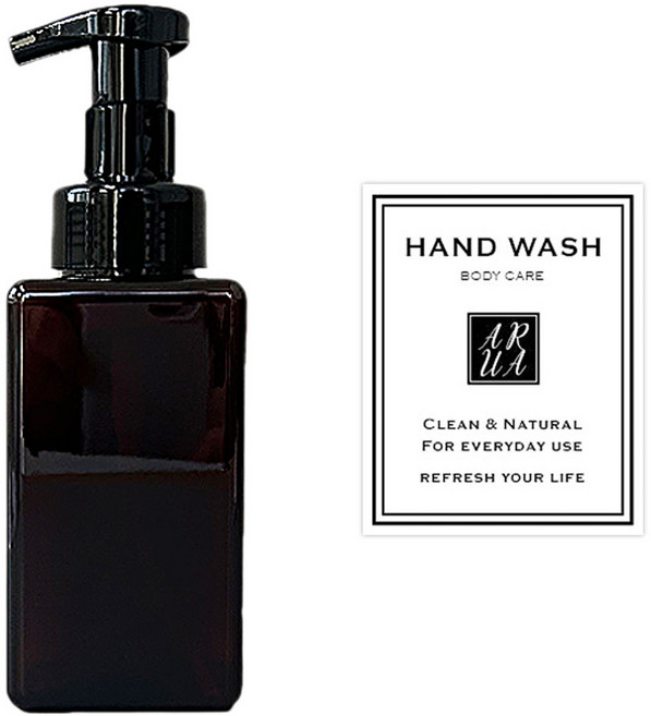 아루아 욕실 주방 사각 디스펜서 거품펌프 450ml + 핸드워시 스티커 세트, 브라운, 1세트