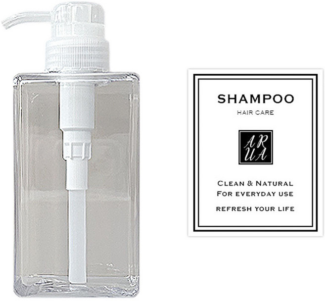 아루아 욕실 주방 사각 디스펜서 일반펌프 450ml + 샴푸 스티커 세트, 투명, 1세트