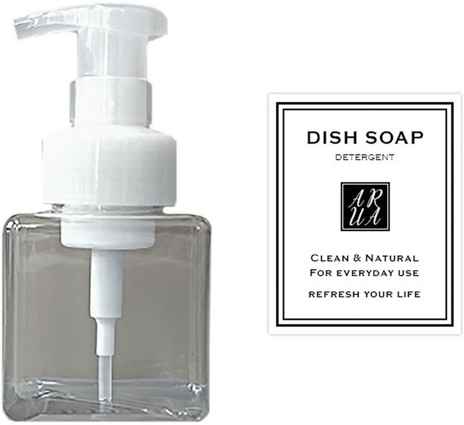 아루아 욕실 주방 사각 디스펜서 거품펌프 250ml + 주방 세제 스티커 세트, 투명, 1세트