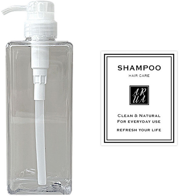 아루아 욕실 주방 사각 디스펜서 일반펌프 650ml + 샴푸 스티커 세트, 투명, 1세트