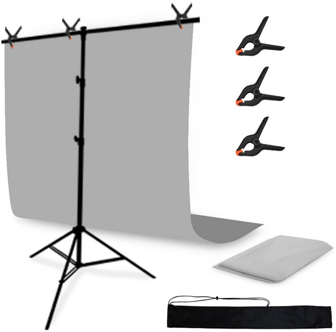 대한 촬영 폴리 배경천 스크린 스탠드 거치대 풀세트 T자거치대 M + 배경천 1.5 x 2 m, 1세트, 그레이(배경천), 블랙(거치재)