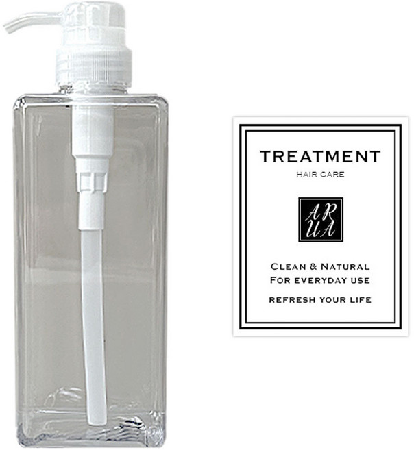 아루아 욕실 주방 사각 디스펜서 일반펌프 650ml + 트리트먼트 스티커 세트, 1세트, 투명