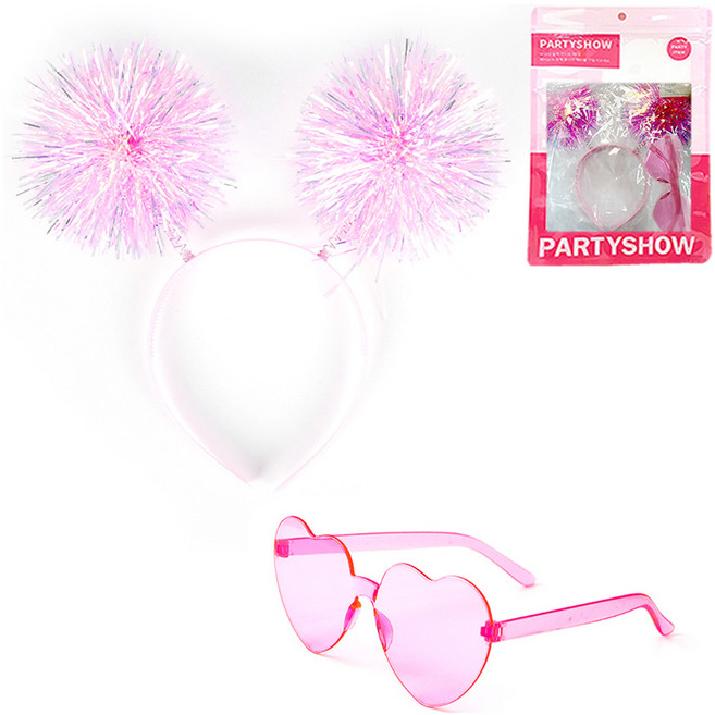 파티쇼 트윙클 방울 머리띠 클리어 하트안경 세트, 핑크(머리띠), 핑크(안경), 1세트
