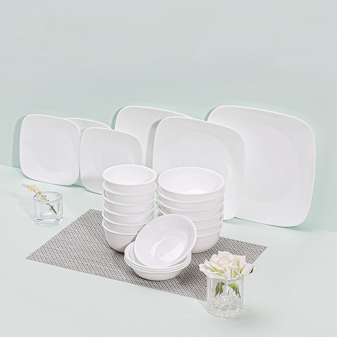 코렐 저스트화이트 6인 한국형 사각 식기 세트 22p, 화이트, 공기 6p + 대접 6p + 앞접시 4p + 사각소접시 3p + 사각중접시 2p + 사각대접시, 1세트