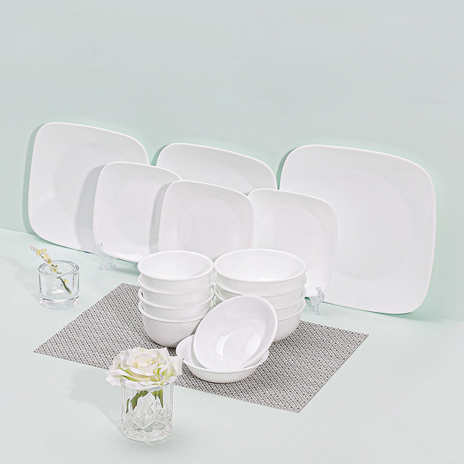 코렐 저스트화이트 4인 한국형 사각 식기 세트 16p, 화이트, 공기 4p + 대접 4p + 앞접시 2p + 사각소접시 3p + 사각중접시 2p + 사각대접시, 1세트