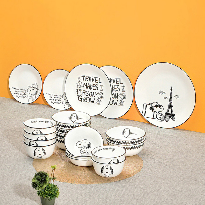 코렐 스누피앤찰리에디션 6인 한국형 베이직식기 세트 21p, 화이트 + 블랙, 공기 6p + 대접 6p + 앞접시 4p + 원형소접시 2p + 원형중접시 2p + 원형대접시