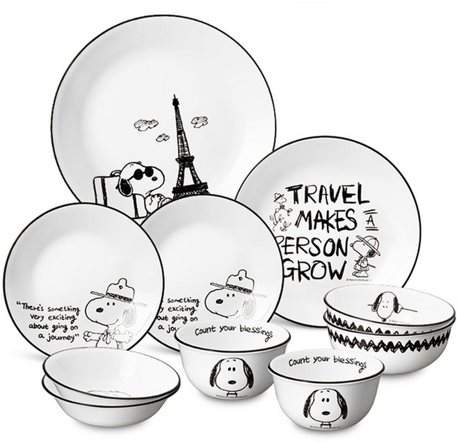코렐 스누피앤찰리에디션 2인 한국형 풀식기 세트 10p, 화이트 + 블랙, 공기 2p + 대접 2p + 앞접시 2p + 원형소접시 2p + 원형중접시 + 원형대접시, 1세트