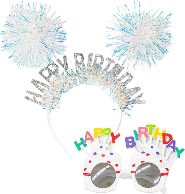 조이파티 홀로그램 생일 머리띠 + 마카롱 컵케익 생일 안경 세트, 실버(머리띠), 화이트(안경), 1세트