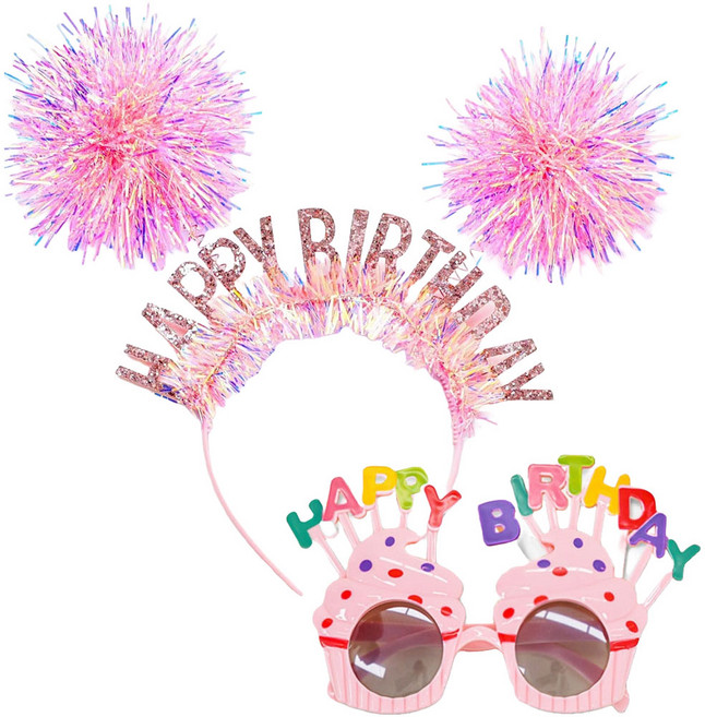 조이파티 홀로그램 생일 머리띠 + 마카롱 컵케익 생일 안경 세트, 핑크, 1세트