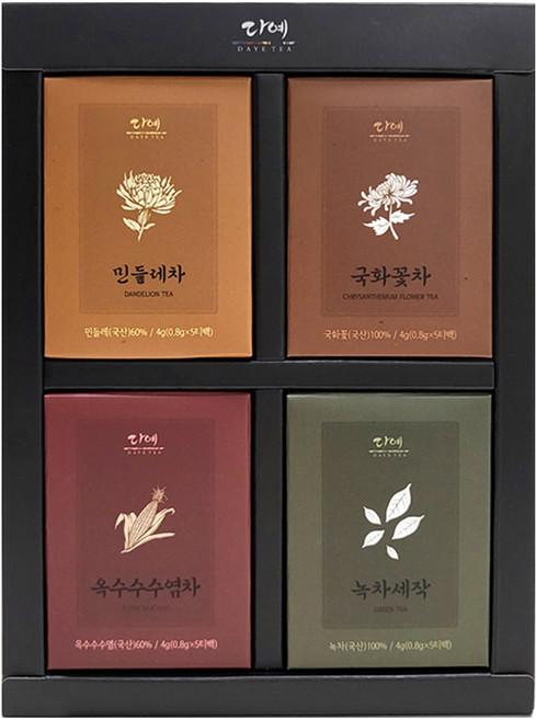 다예 꽃잎차 4종 세트 + 종이 쇼핑백, 민들레차 + 국화꽃차 + 옥수수수염차 + 녹차세작, 1세트