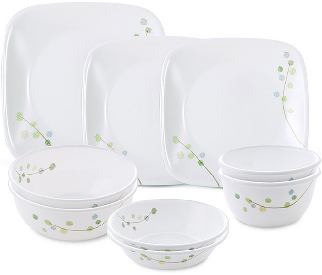 Corelle Brands 康寧餐具 Green Delight 雙人韓式方形餐具9件組, 混合色, 飯碗 2p + 湯碗 2p + 前菜盤 2p + 方形小盤 2p + 方形中盤, 1套