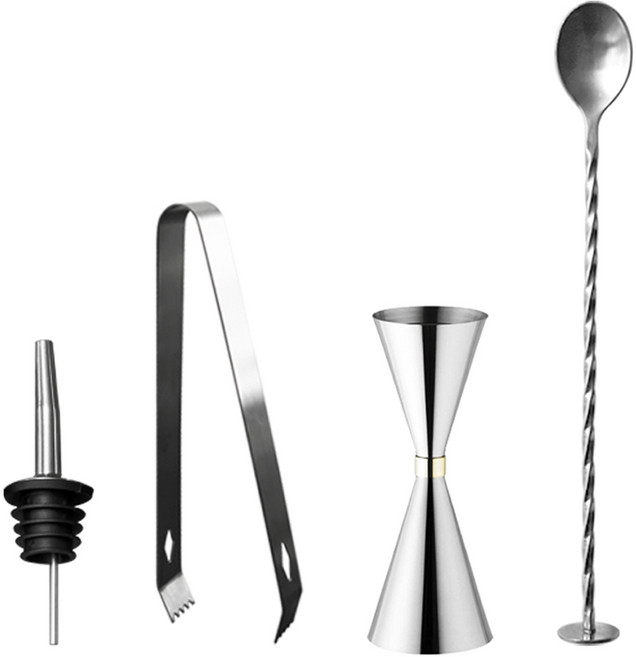 칼딘 홈 텐딩 칵테일 더블 사이드 지거 30 / 60ml + 푸어러 + 바스푼 + 얼음 집게 세트, 실버 골드링(지거), 1세트