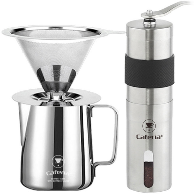카페리아 캠핑 커피드립세트, 350ml, 1세트, 올스텐 드립세트 + 세라믹날 수동 커피그라인더