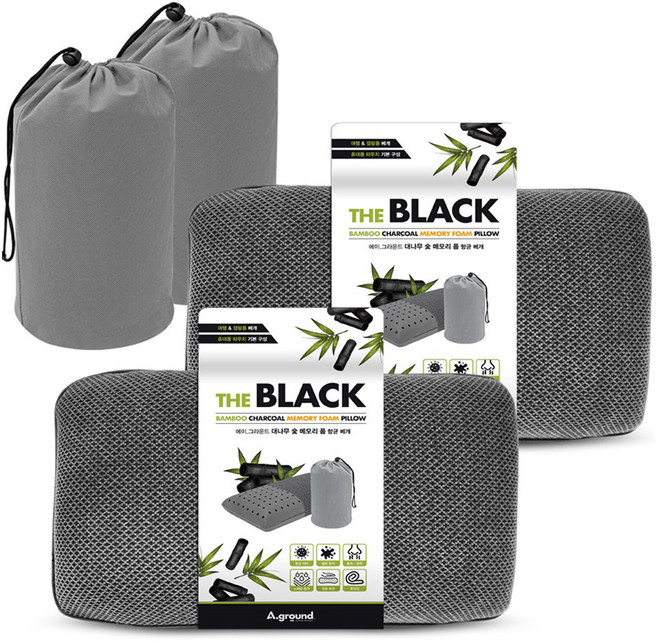 에이그라운드 더 블랙 대나무 숯 메모리폼 여행용 향균 베개, 2개