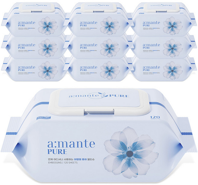 아망떼 퓨어 유아 물티슈 캡형, 50g, 120매, 10개