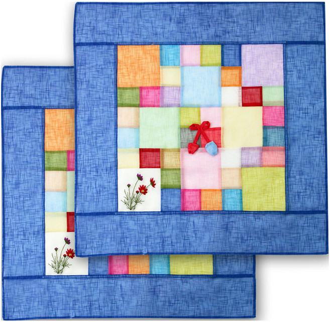 해피툴 꽃자수 모시조각 사각 밥상보 블루, 2개