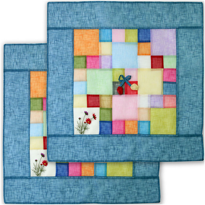 해피툴 꽃자수 모시조각 사각 밥상보 피코크그린, 2개