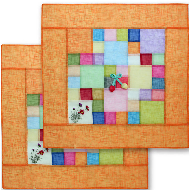 해피툴 꽃자수 모시조각 사각 밥상보 오렌지, 2개