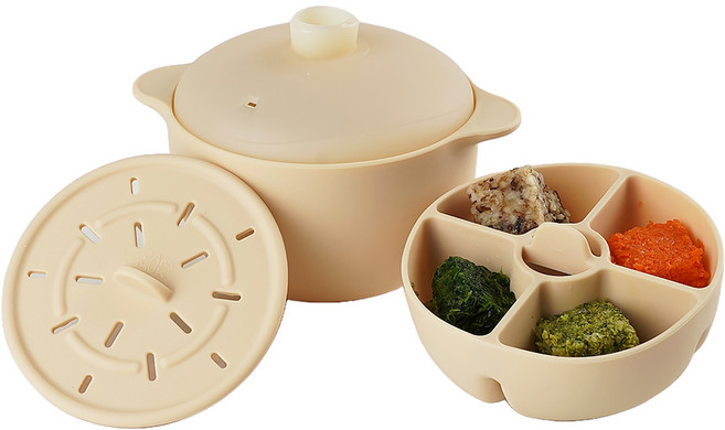 잼먹 실리콘 토핑 이유식 찜기 3종 풀세트, 찜기 + 찜발이 + 칸막이, 1세트, 베이지