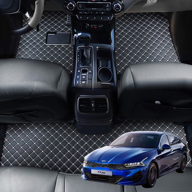 지엠지모터스 차량용 카매트 바닥 장판 시공효과 플로어매트 1열 + 2열 세트, 기아_K5 DL3(20년~)가솔린, 블랙앤화이트스티치