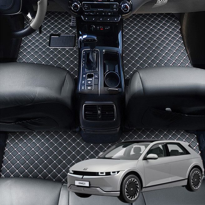 지엠지모터스 차량용 카매트 바닥 장판 시공효과 플로어매트 1열 + 2열 세트, 현대_아이오닉5 일반용(택시)(21년5월~), 블랙앤화이트스티치