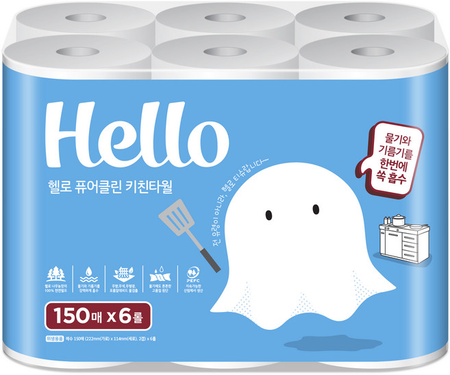 헬로 퓨어클린 키친타올 150매, 1개, 6개입