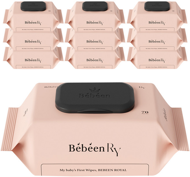 베베앙 로얄 엠보싱 유아물티슈 캡형, 75g, 70매, 10개