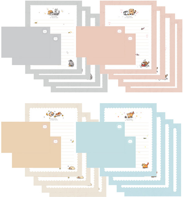 톡톡팬시 고양이의 일상 편지지 4종 x 4p + 봉투 4종 x 2p 세트, 핑크, 그레이, 블루, 베이지, 1세트