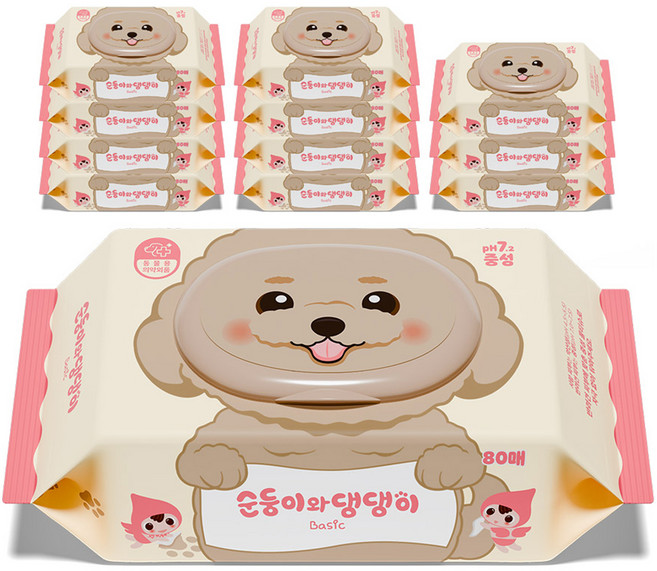순둥이 와 댕댕이 반려동물 베이직 중성 물티슈, 80개입, 12개