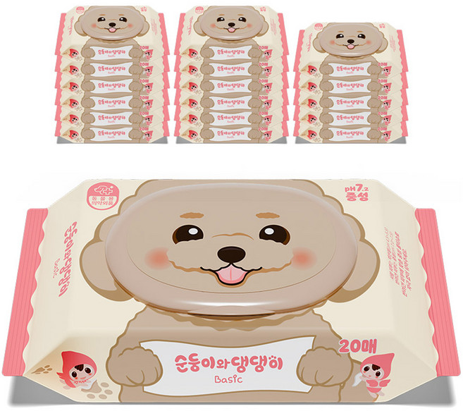 순둥이와 댕댕이 반려동물 베이직 중성 물티슈 휴대 캡형, 20개입, 18개