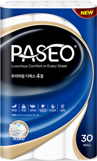 파세오 프리미엄 디럭스 천연펄프 4겹 고급롤화장지, 25m, 30롤, 1개