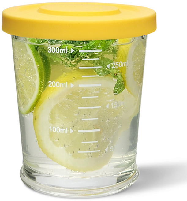 미르코리아 유리병 밀폐용기 헥사 눈금 쉐이크자 옐로우, 350ml, 1개
