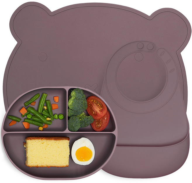 마더케이 실리콘 이유식기 3종 기본세트, 퍼플, 1세트, 흡착식판 + 턱받이 + 테이블매트