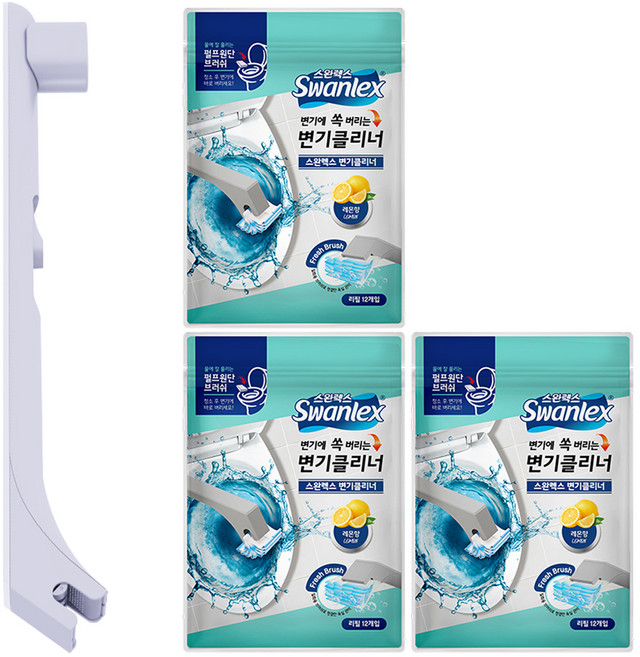 스완렉스 변기클리너 레몬향 12개입 x 3p + 핸들 + 리필 브러쉬 세트, 혼합색상, 1세트