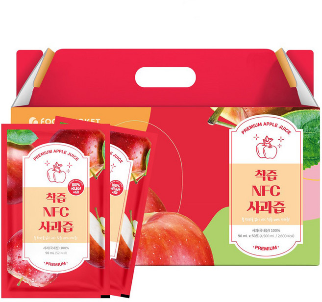 푸드버킷 물없이 갈아만든 NFC저온착즙 사과즙, 90ml, 50개