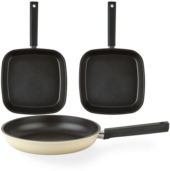 퀸센스 샌드 프라이팬 세트 3개, 베이지, 사각팬 27cm(2P) + 프라이팬 24cm(1P), 1세트