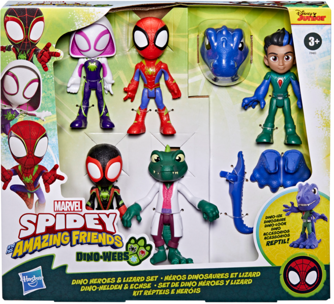 Hasbro 孩之寶 Marvel 漫威 SPIDEY AND HIS AMAZING FRIENDS 蜘蛛人與他的神奇朋友們 恐龍蛛網 恐龍英雄與蜥蜴人套裝公仔, 1盒