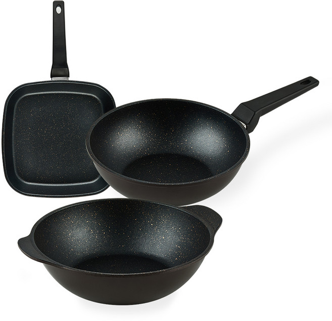 퀸센스 디너 후라이팬 세트 3개, 브라운, 사각팬 27cm + 궁중팬 28cm + 파티웍 28cm, 1세트