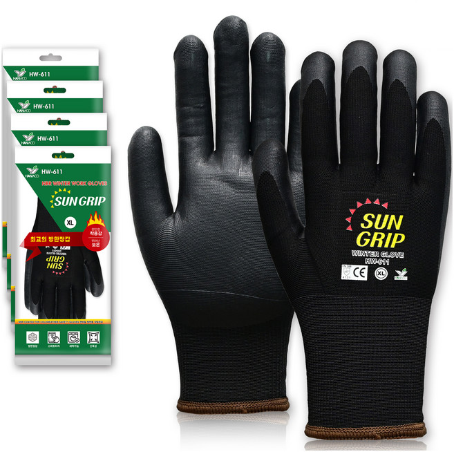 한우 썬그립 NBR 코팅 겨울 방한 기모 안전장갑, 검정색, 5개