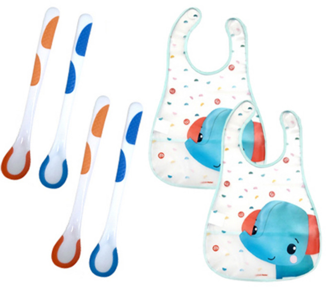 피셔프라이스 온도감지이유스푼 4p +이유식동물턱받이 블루 코끼리 2p 세트, 혼합색상, 1세트